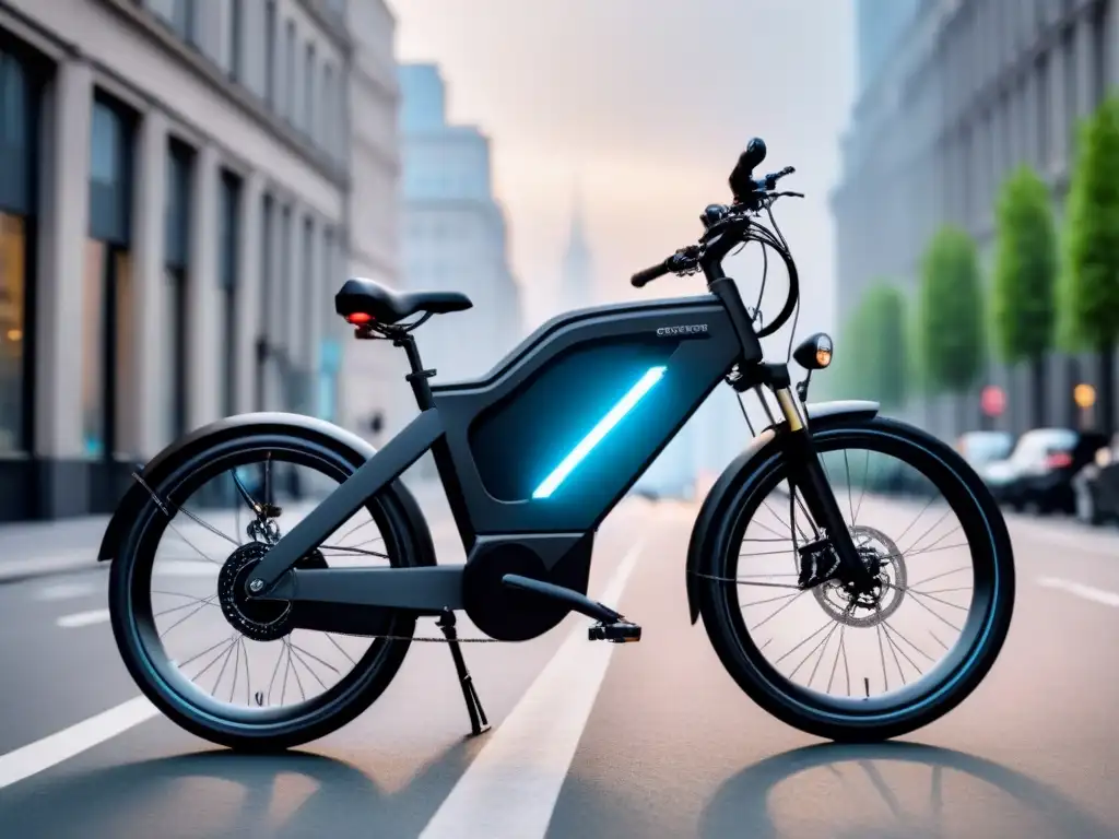 Una bicicleta eléctrica moderna y elegante en negro mate, con luces LED integradas y diseño minimalista, en un paisaje urbano borroso