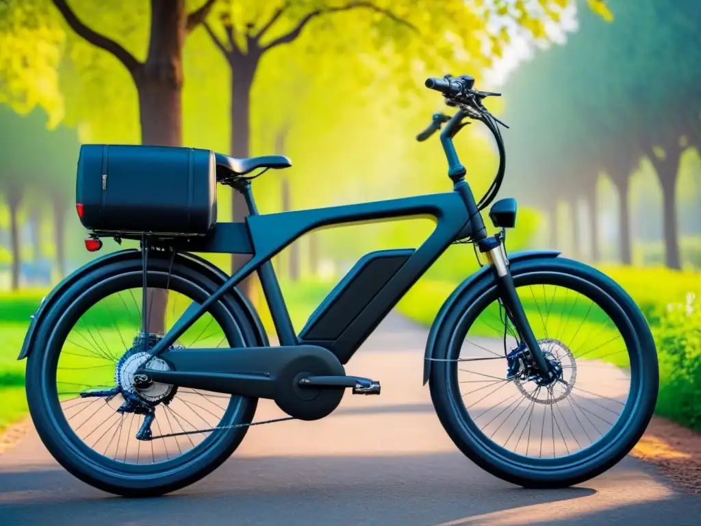 Una bicicleta eléctrica moderna y elegante en un parque sereno, rodeada de árboles verdes vibrantes bajo un cielo azul claro