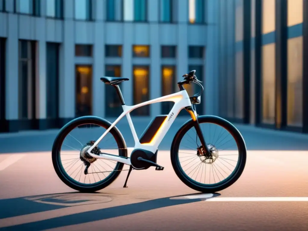 Bicicleta eléctrica moderna en entorno urbano sostenible, con diseño ecofriendly y vanguardista