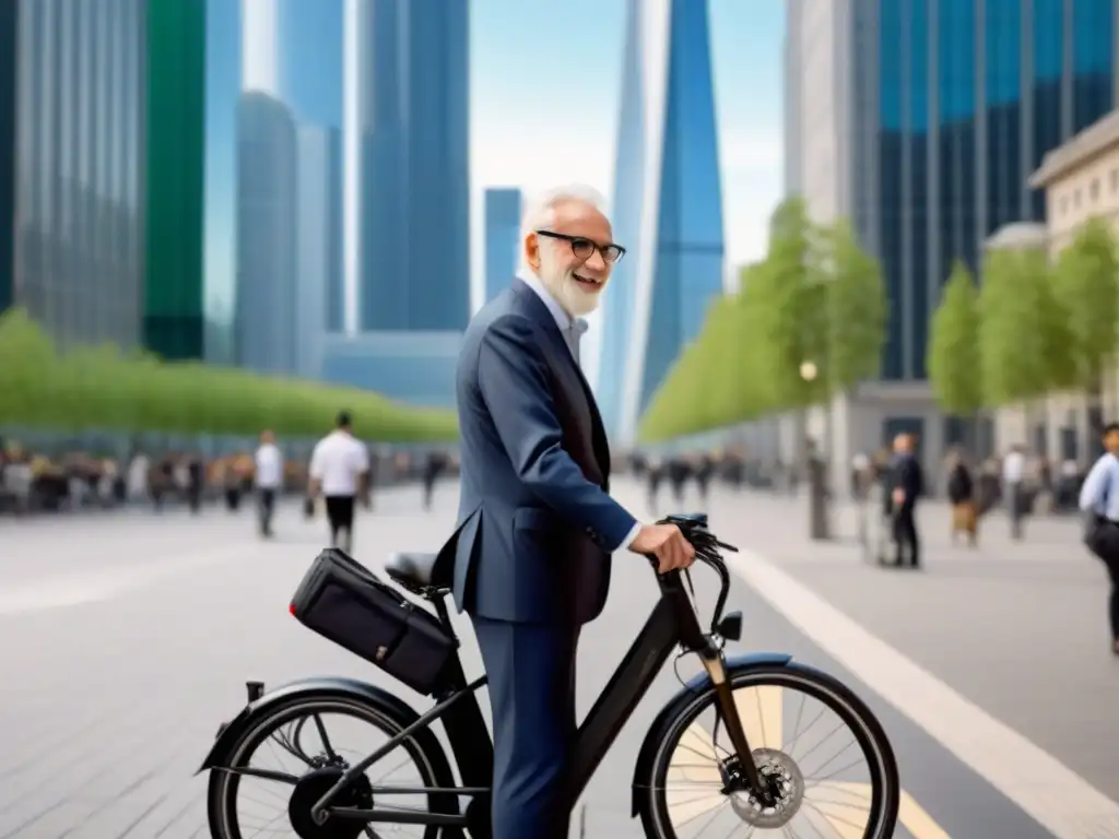 Una bicicleta eléctrica moderna en una plaza urbana con diversidad de personas, simbolizando la inclusión social y movilidad