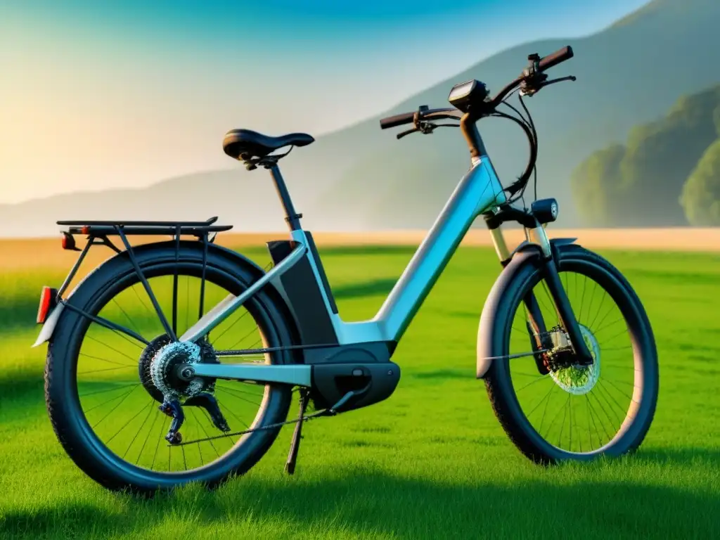 Una bicicleta eléctrica moderna descansa en prado verde bajo cielo azul