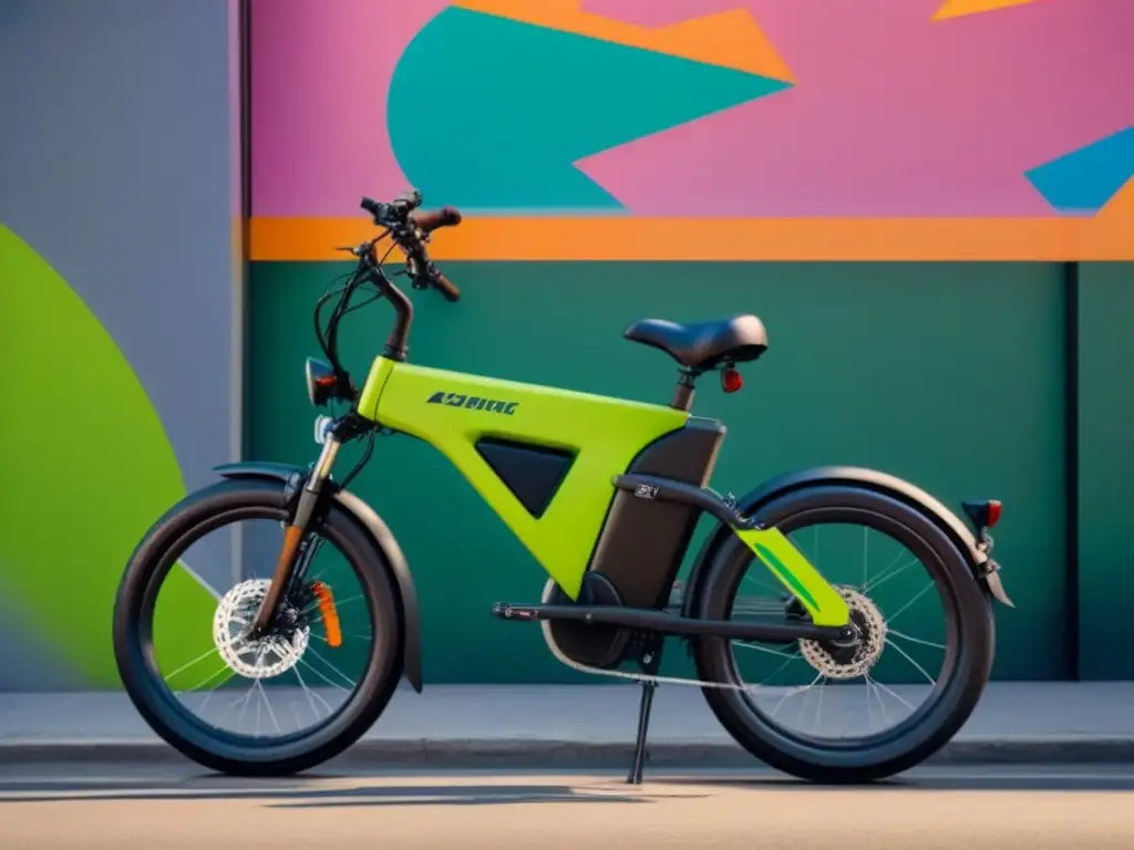 Bicicleta eléctrica negra con accesorios verdes neon, estacionada frente a un muro graffiti vibrante en la ciudad