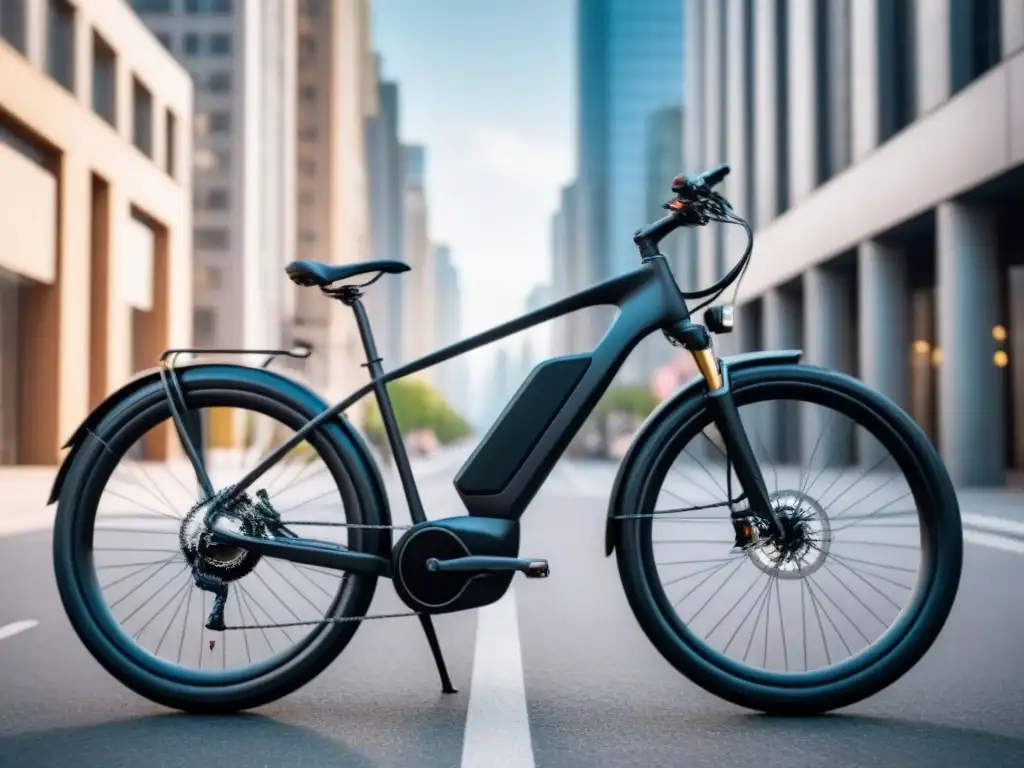 Bicicleta eléctrica negra en la ciudad, destacando su diseño moderno y batería integrada