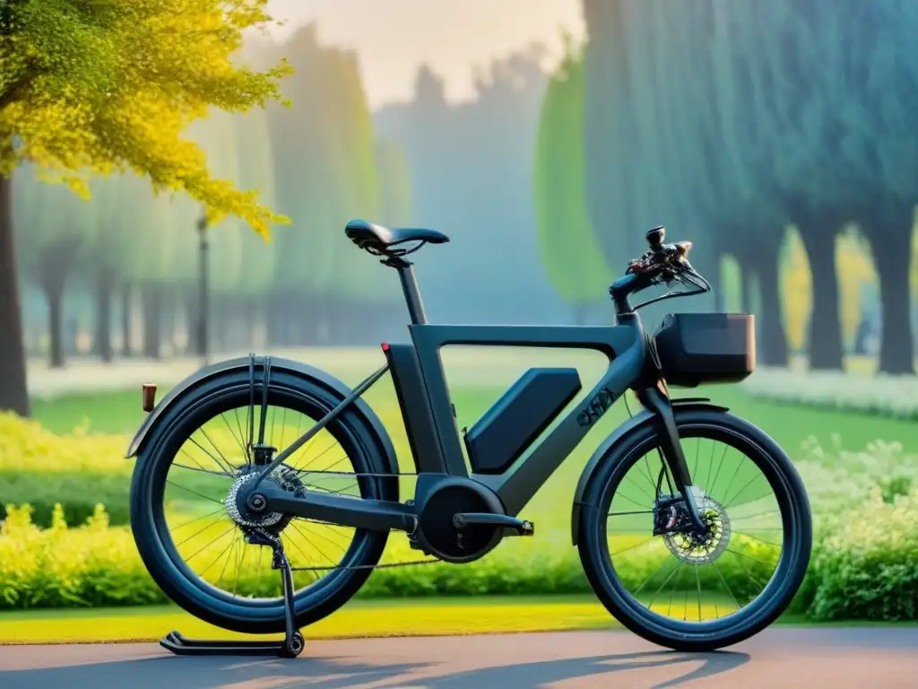 Bicicleta eléctrica en parque tranquilo, árboles verdes y cielo azul