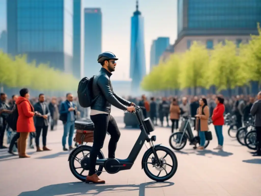 Bicicleta eléctrica en plaza urbana con diversidad de personas admirando, reflejando inclusión social y movilidad sostenible