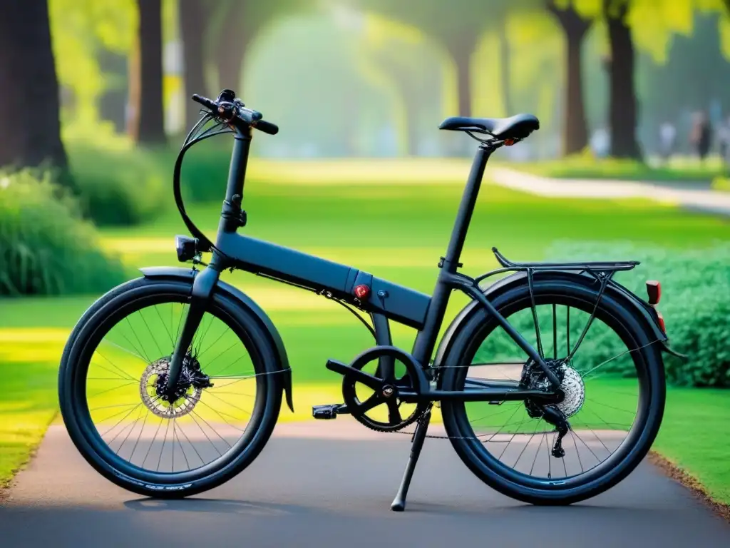 Una bicicleta eléctrica plegable de diseño sostenible en un parque urbano verde y sereno