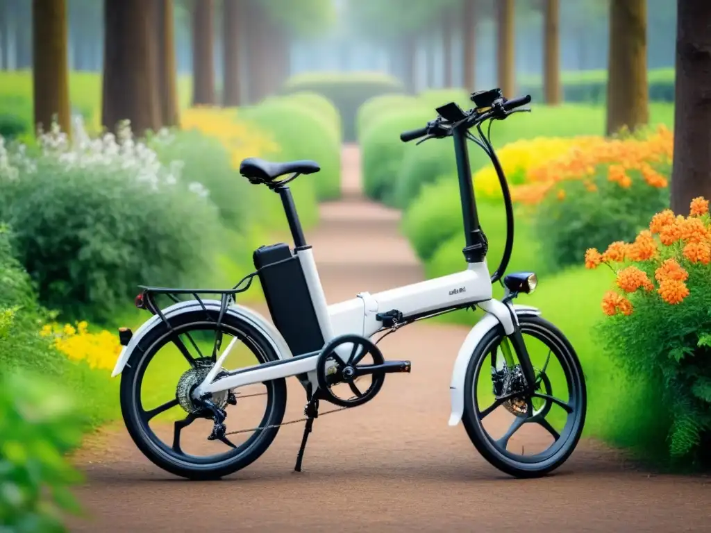 Bicicleta eléctrica plegable sostenible en parque verde y florido, fusionando tecnología y naturaleza