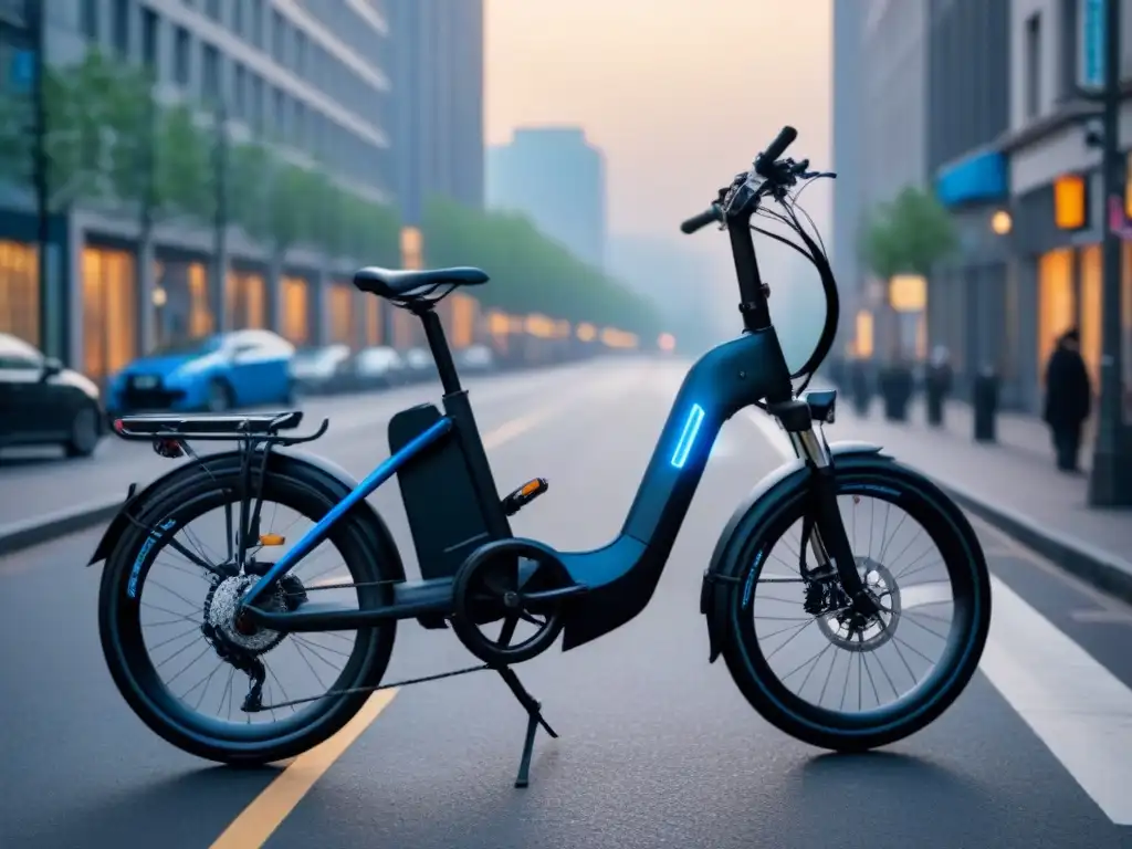 Bicicleta eléctrica plegable sostenible en ciudad moderna con diseño minimalista