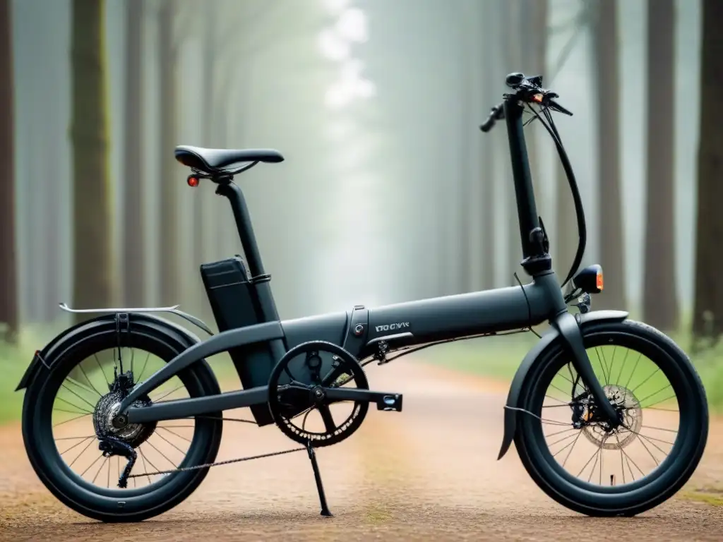 Bicicleta eléctrica plegable sostenible en negro mate, con líneas limpias y detalles elegantes