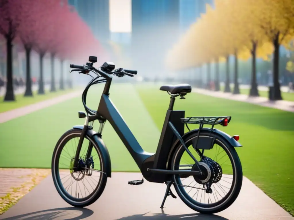 Una bicicleta eléctrica sostenible evolucionando en un animado parque urbano verde