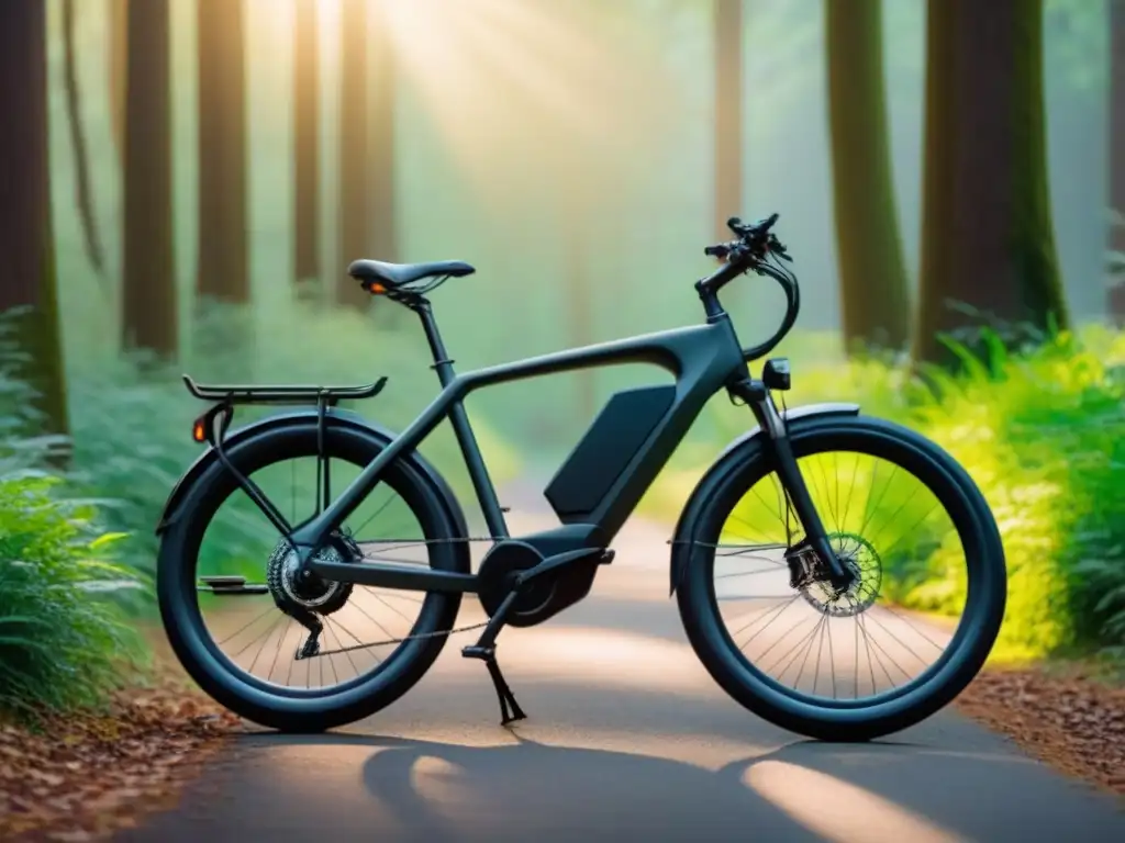 Una bicicleta eléctrica sostenible evolución en un bosque verde, bañada por la luz del sol filtrándose entre las hojas