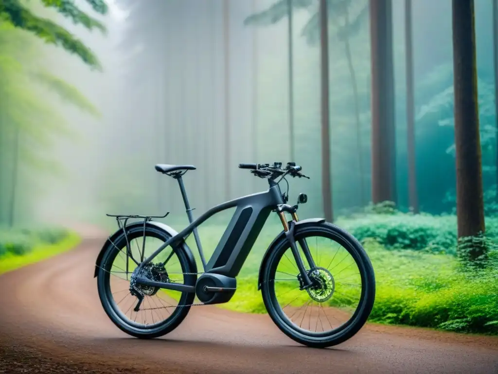 Bicicleta eléctrica sostenible en bosque verde, fusionando innovación y naturaleza