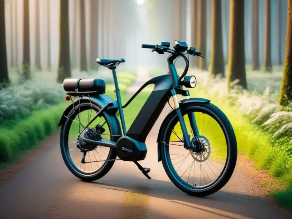 Bicicleta eléctrica sostenible en bosque verde con reciclaje de baterías