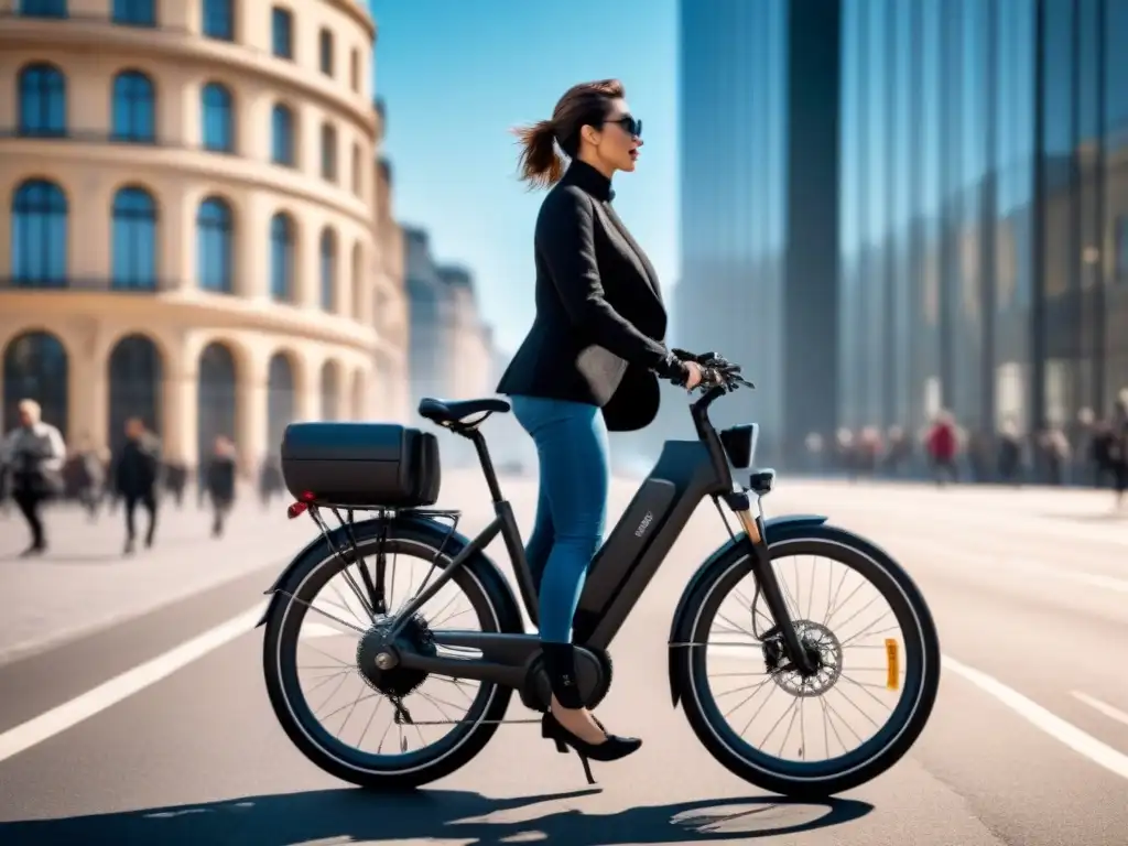 Bicicleta eléctrica sostenible en ciudad vibrante con edificios altos y cielo azul