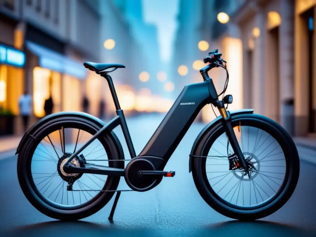 Una bicicleta eléctrica sostenible con diseño minimalista y tecnología innovadora, en un entorno urbano borroso