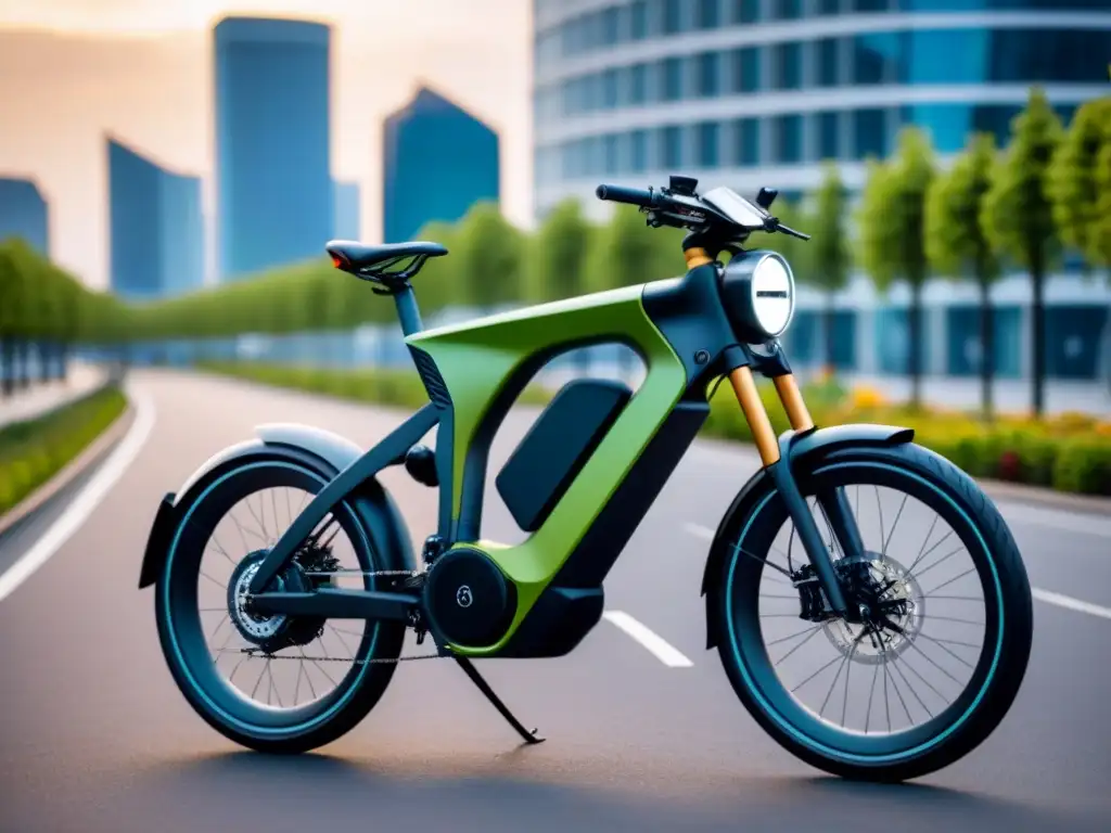 Una bicicleta eléctrica sostenible con gadgets tecnológicos en un entorno urbano moderno y ecológico