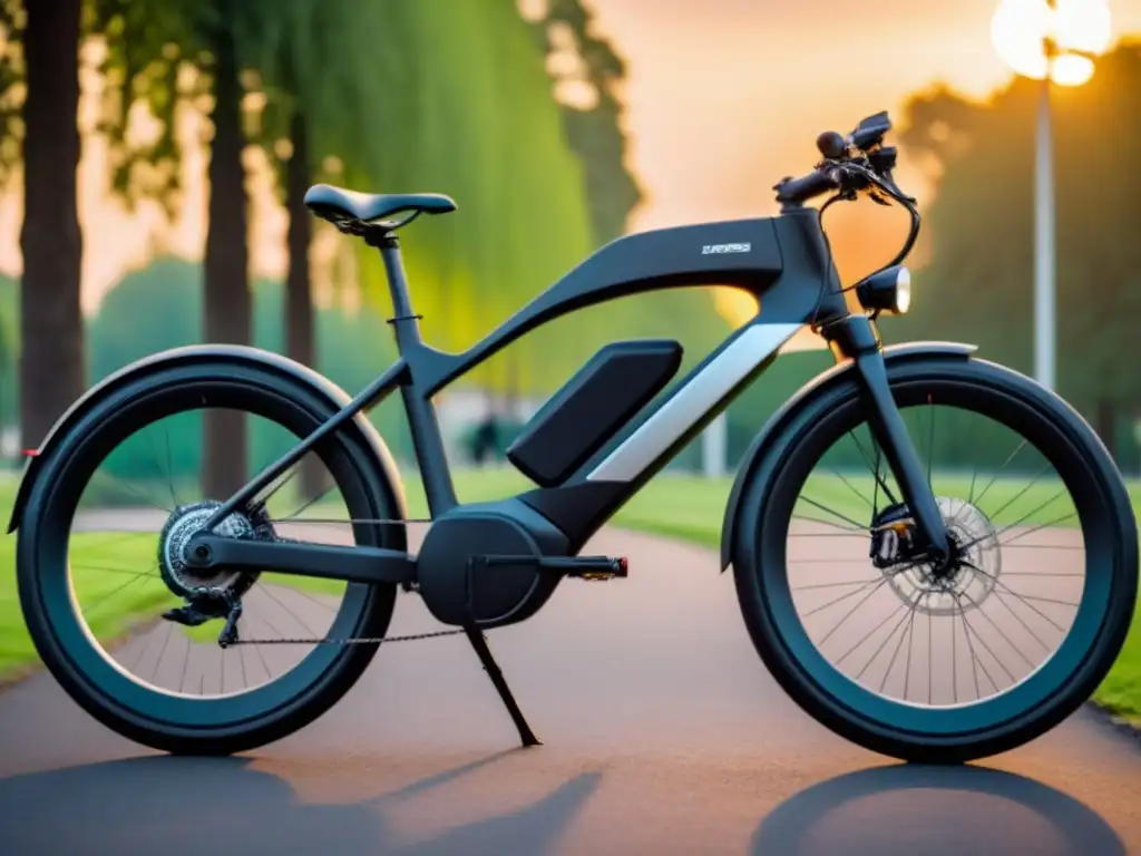 Una bicicleta eléctrica sostenible en un parque verde al atardecer