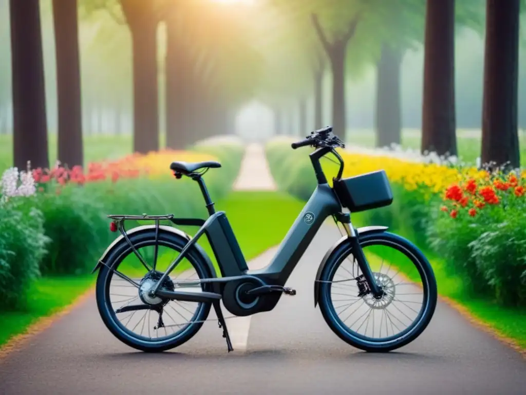 Bicicleta eléctrica sostenible en parque verde, destacando detalles ecológicos