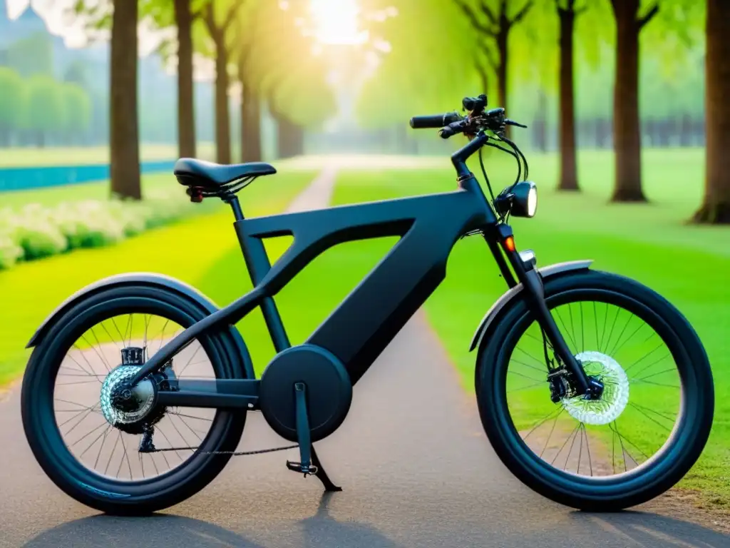 Una bicicleta eléctrica sostenible en un parque verde, resaltando sus beneficios ecofriendly