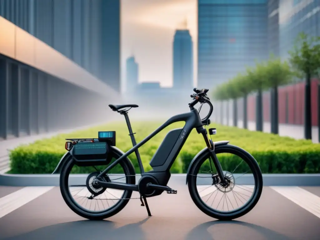 Una bicicleta eléctrica de vanguardia con gadgets tecnológicos, en una ciudad sostenible futurista