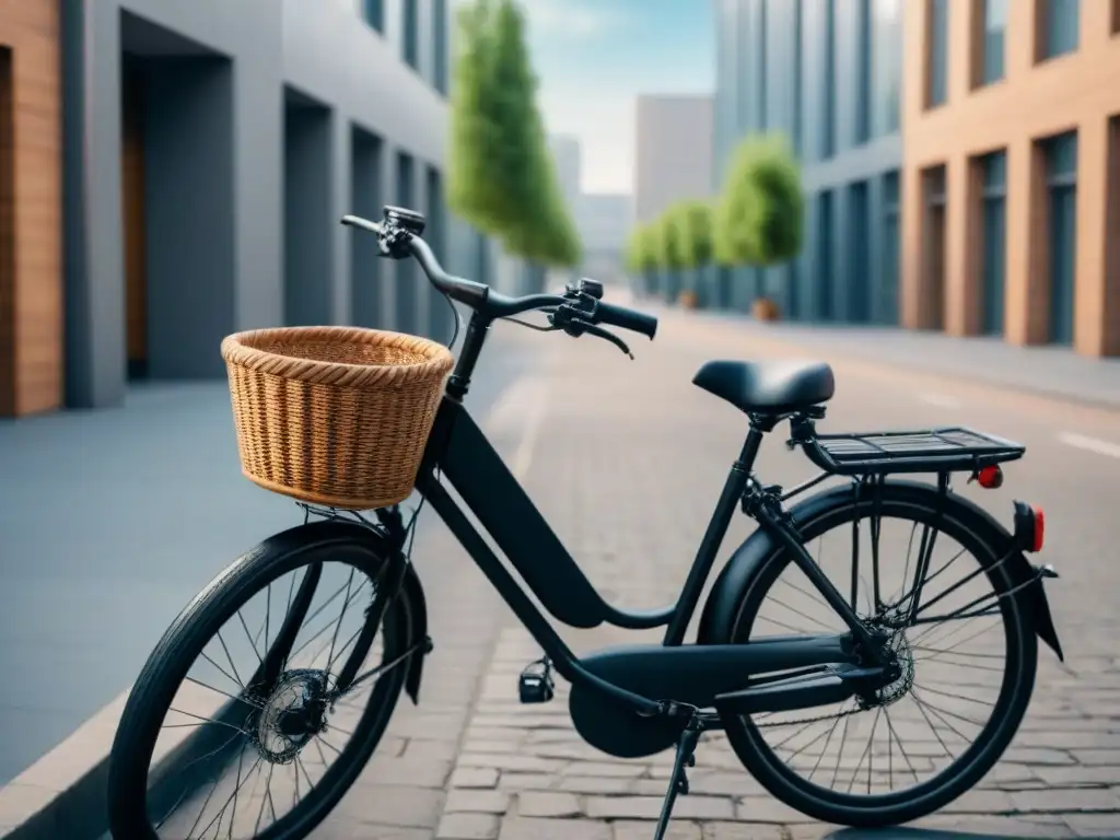 Una bicicleta elegante en un entorno urbano impecable, rodeada de vegetación y edificios modernos