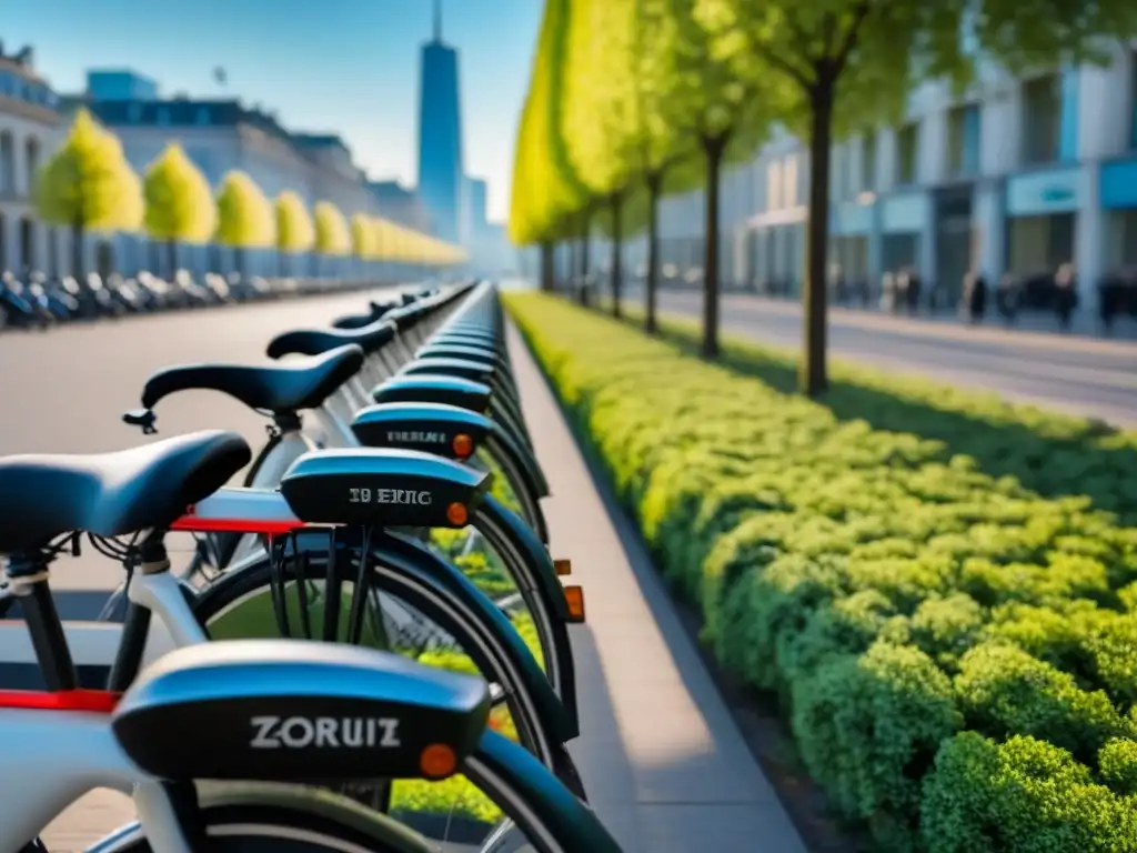 Bicicletas eléctricas estilo de vida sostenible: moderna ciudad con bicicletas eléctricas de colores junto a árboles, reflejos y cielo azul