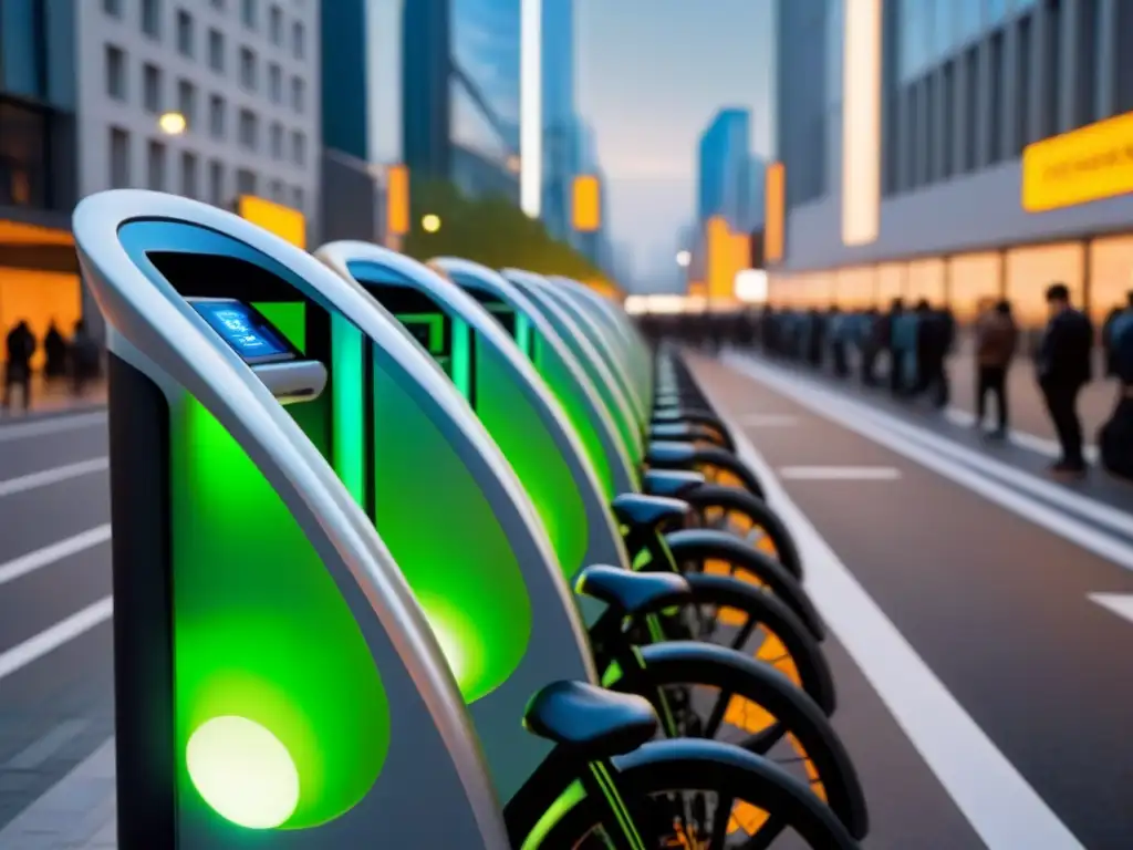 Estación de bicicletas futurista en ciudad vibrante