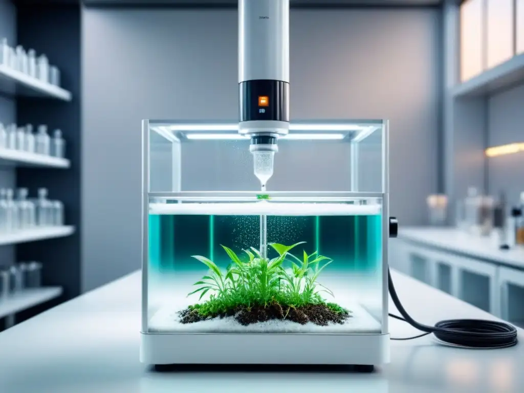 Un bioreactor moderno en un laboratorio blanco con microorganismos en descomposición de residuos