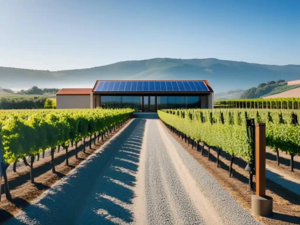 Una bodega ecológica moderna rodeada de viñedos, con paneles solares y techos verdes