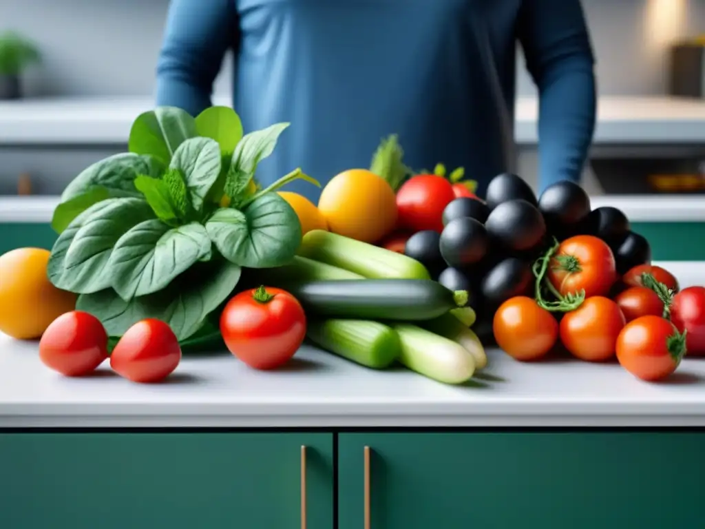 Un bodegón detallado de frutas y verduras frescas en una cocina moderna, realzando la conservación alimentos sin plástico