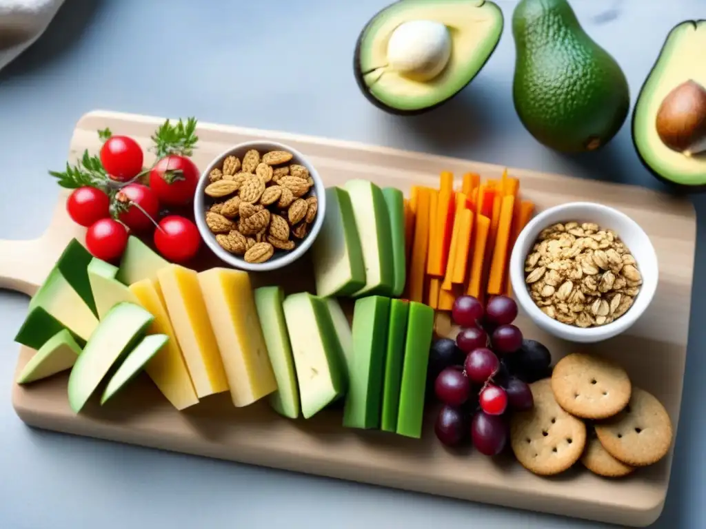 Tabla de snacks eco-friendly: frescura y color en 8k Un bodegón eco-friendly de snacks saludables con vegetales, barras de granola, frutas, crackers y aguacate