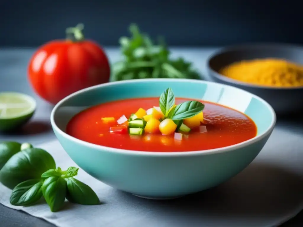 Un bol de Gazpacho Andaluz vibrante y fresco en un recipiente ecológico, resaltando sus ingredientes raw zero waste