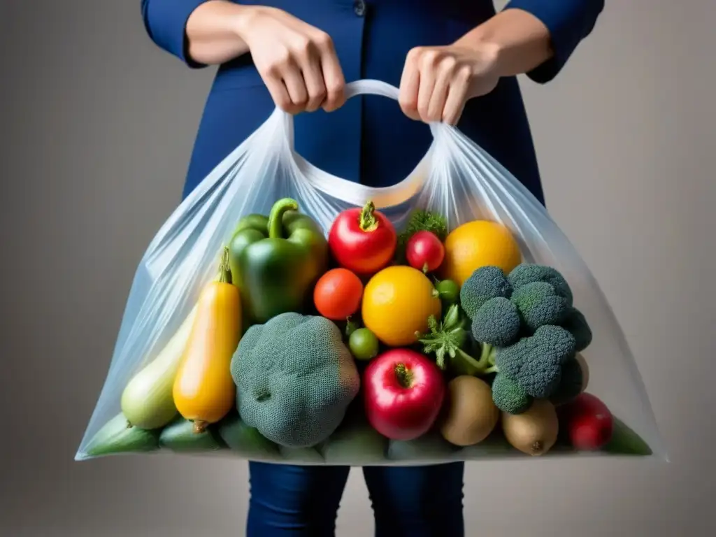 Bolsa biodegradable llena de frutas y verduras, iluminada y transparente