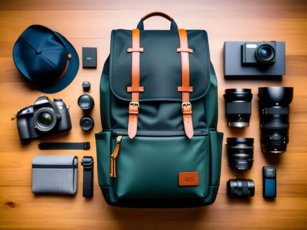 Una bolsa de cámara moderna sobre mesa de madera, con equipo fotográfico y accesorios organizados