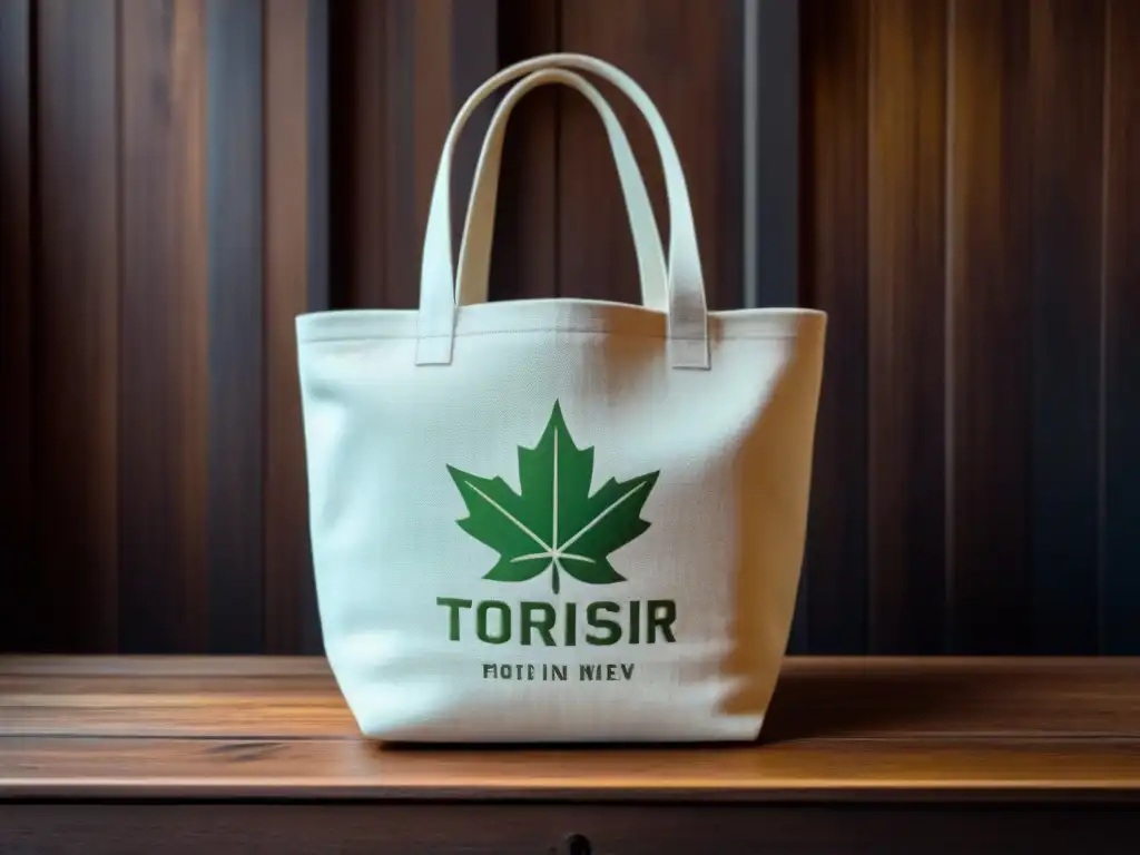 Bolsa reutilizable ecológica zero waste con detalle de hoja en relieve, sobre superficie de madera rústica con luz natural suave