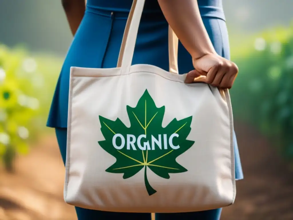 Bolsa reutilizable ecológica zero waste de diseño elegante en tonos tierra, destacando la hoja verde en close-up de alta resolución