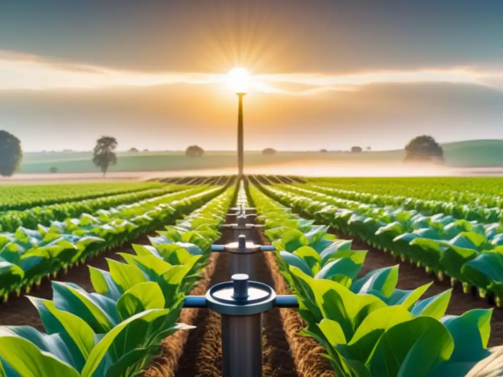 Una bomba de agua solar en acción en un campo agrícola verde vibrante, con el sol brillando y resaltando su diseño ecológico