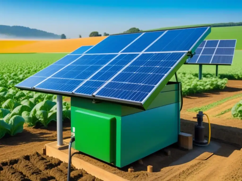 Bombas de agua solares en un campo agrícola verde y soleado, integrando tecnología ecofriendly