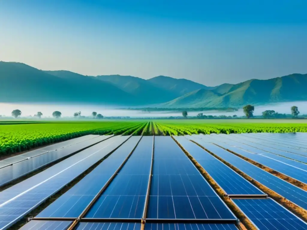 Bombas de agua solares en campos verdes bajo cielo azul, reflejando sostenibilidad agrícola