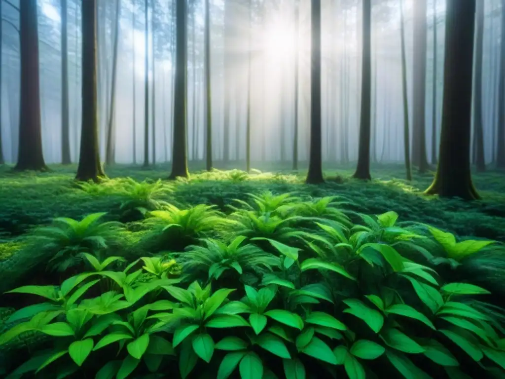 Invierte en bonos verdes: un bosque exuberante con luz filtrándose entre el dosel, creando patrones de luz y sombra en el suelo