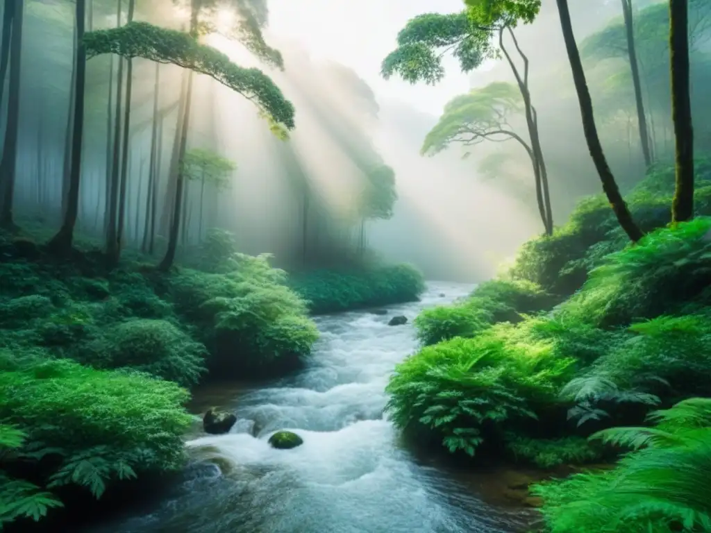 Invertir en bonos verdes: Bosque exuberante con rayos de sol iluminando un río, transmitiendo tranquilidad y armonía ambiental