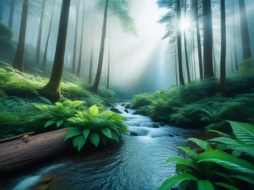 Un bosque virgen, árboles altos, plantas diversas, arroyo tranquilo