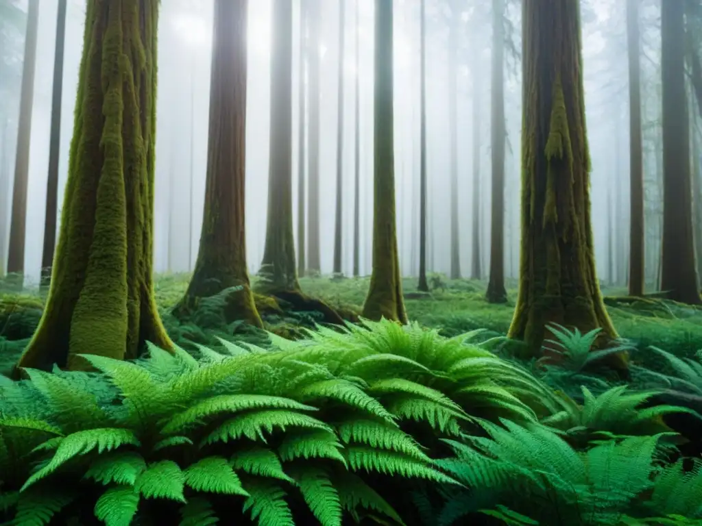 Un bosque antiguo majestuoso con rayos de sol filtrándose entre el dosel, iluminando helechos verdes y árboles cubiertos de musgo