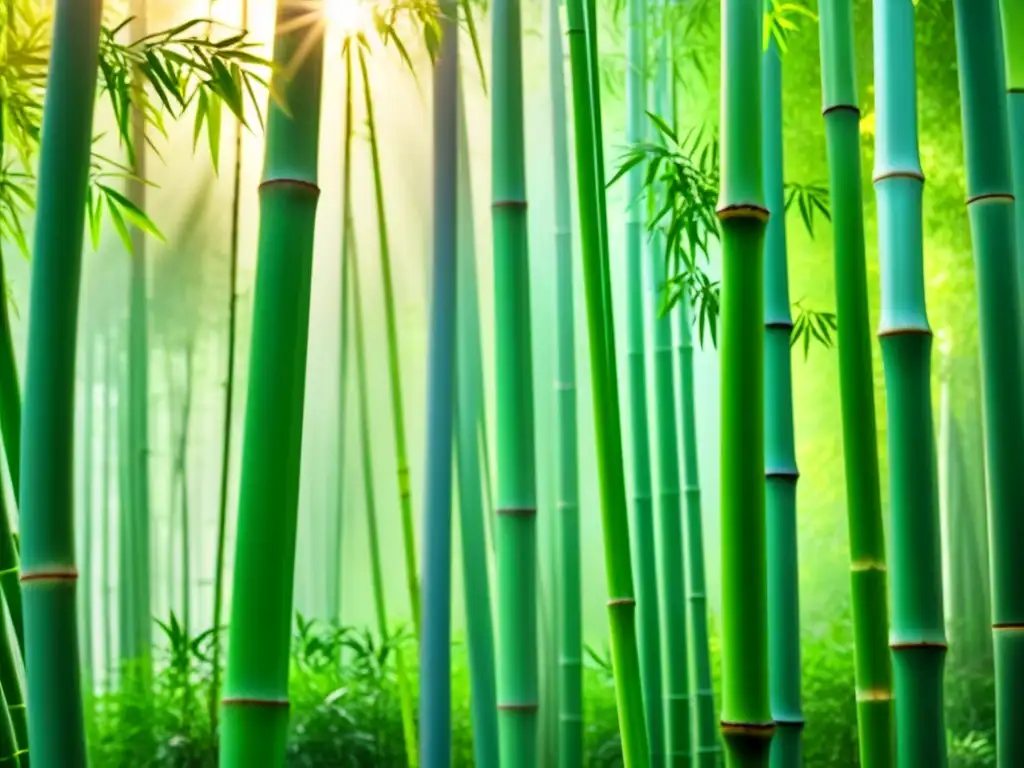 Un bosque de bambú con luz filtrándose entre las hojas, resaltando la belleza y sostenibilidad de los cepillos de dientes bambú sostenibles