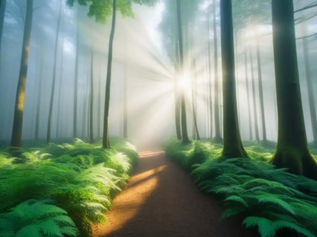 Un bosque exuberante en alta definición, con luz solar filtrándose entre el dosel, destacando la red de árboles, hojas y vida silvestre