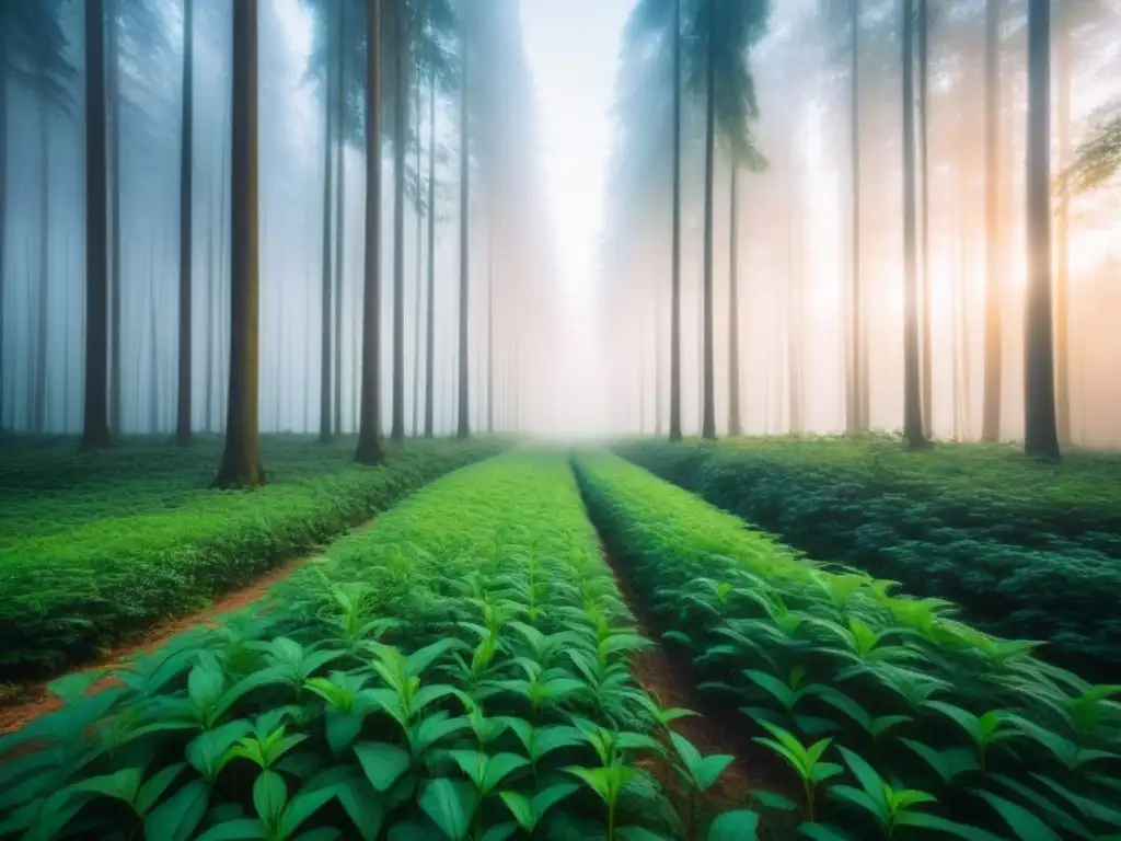 Un bosque exuberante al amanecer, con luz suave entre los árboles y sombras en el suelo