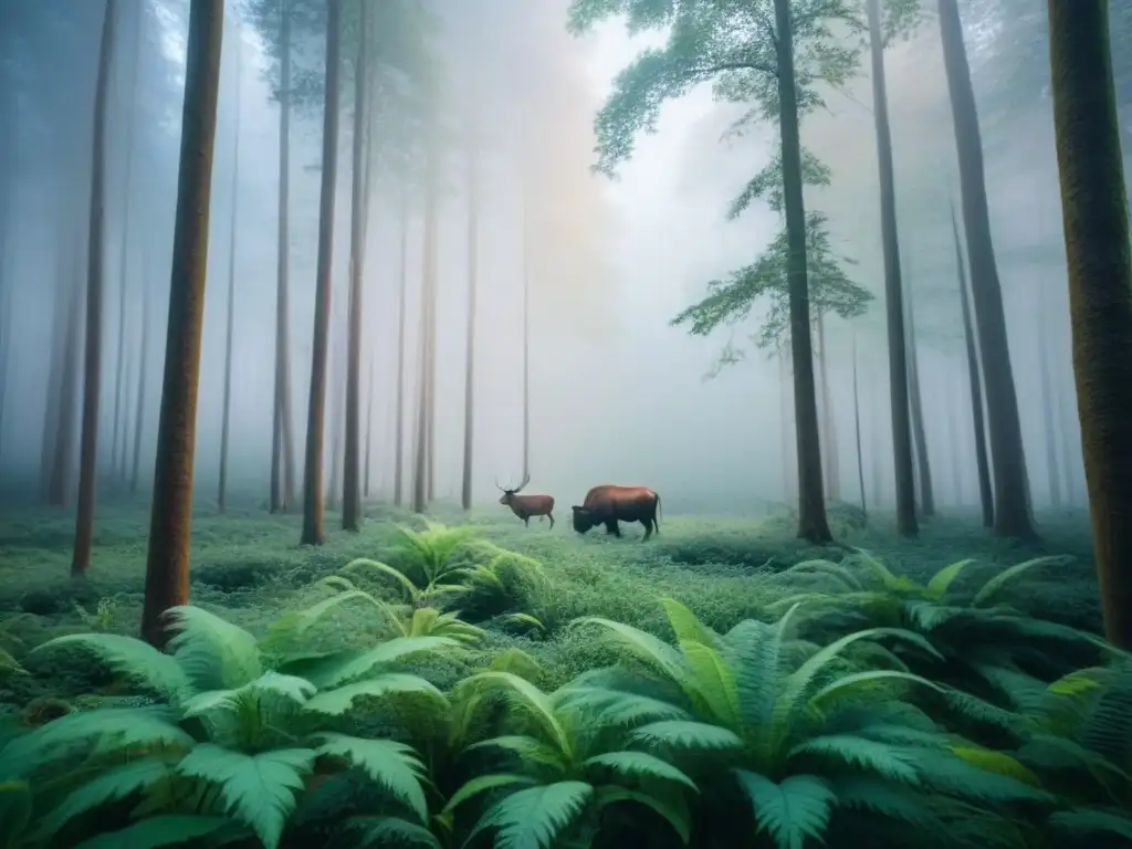 Un bosque exuberante con animales integrados, simbolizando la coexistencia armoniosa en corredores biológicos para un estilo de vida sostenible