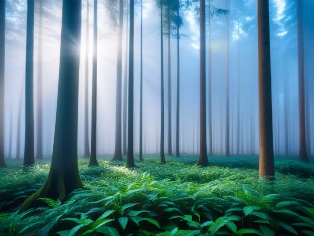 Un bosque exuberante con árboles altos bajo un cielo azul claro