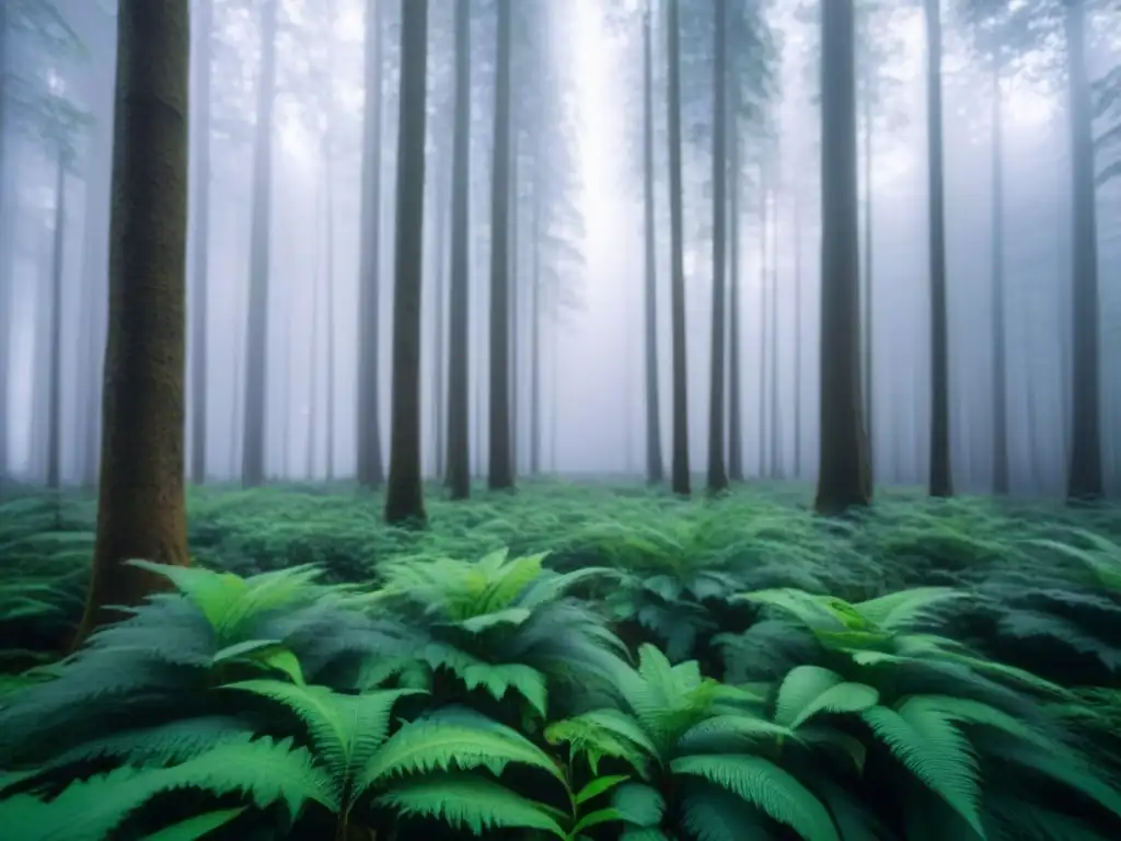 Bosque exuberante con árboles altos y densos, luz filtrándose entre las hojas