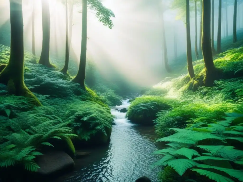 Un bosque exuberante con árboles altos al sol, sombras y un arroyo